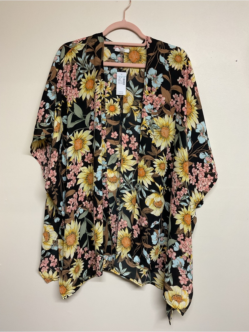 Maurices Black Floral Open-Front Kimono with Yellow & Pink Blooms